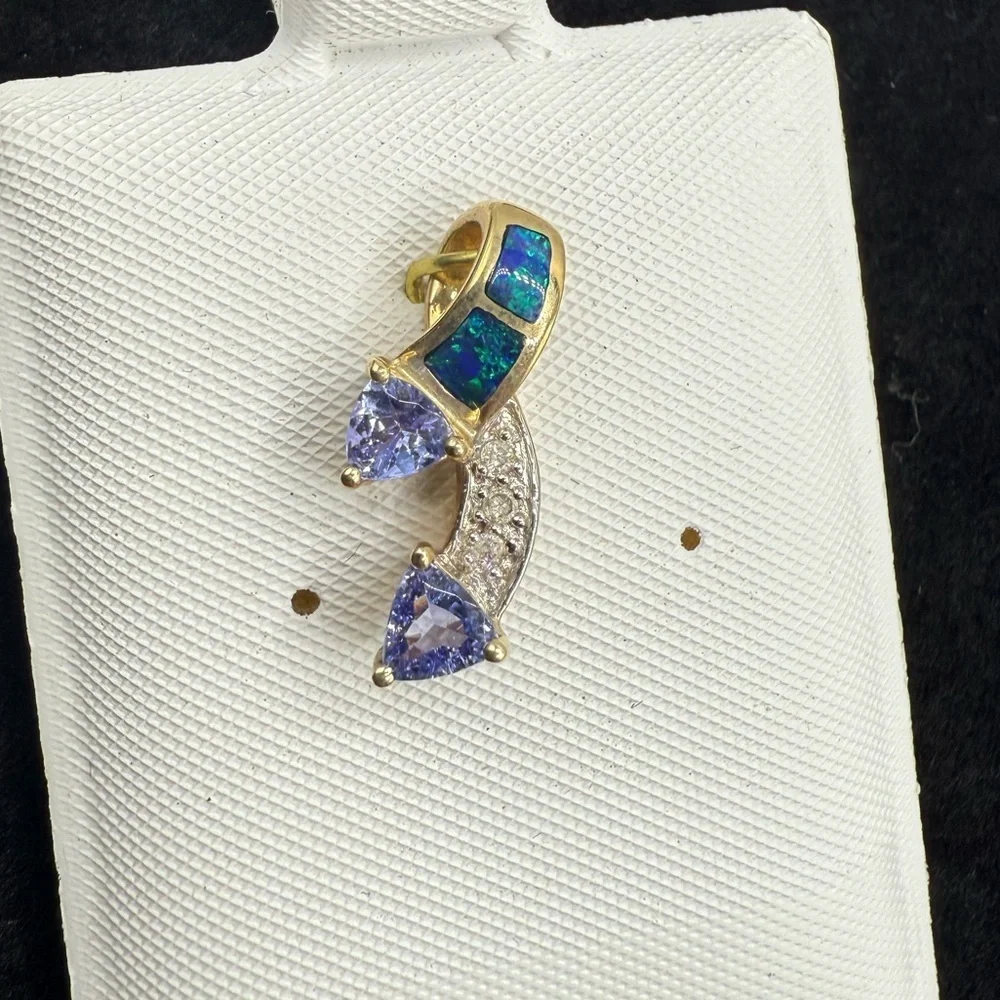 Vintage 10K Yellow Gold Opal Diamond Tanzanite slide Pendant
